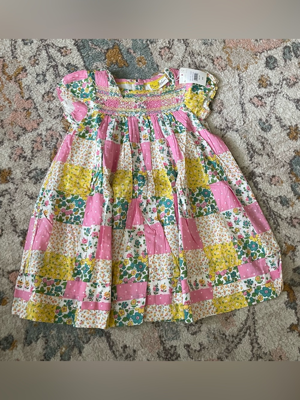 NWT Mini Boden Pink, Yellow & Green Patchwork Smocked Dress